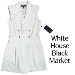 White House Black Market Pinstriped Double Breasted Blazer Romper Ecru Gold Sz 8